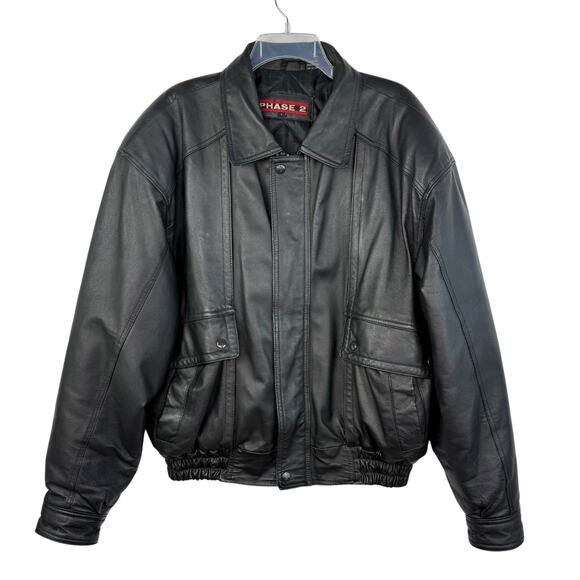 Phase 2 Black Leather Full Zip Collared Motorcycle Coat Jacket Men's L Vintage - Picture 1 of 16